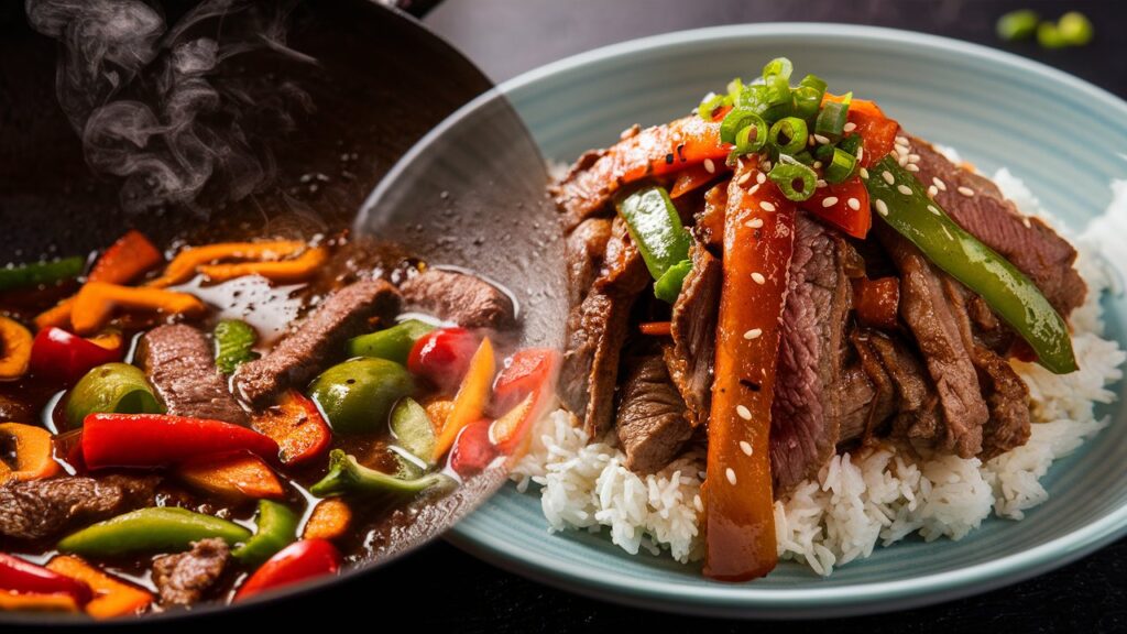 "Close-up of Chinese pepper steak, with tender beef and colorful bell peppers cooked in a savory sauce, placed on a bed of soft, fluffy white rice.