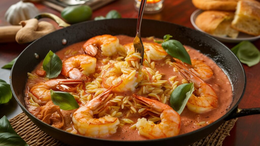 One pot 'Marry Me' shrimp and orzo, with perfectly cooked shrimp and orzo pasta drenched in a creamy, flavorful garlic tomato sauce for a satisfying and delicious dish