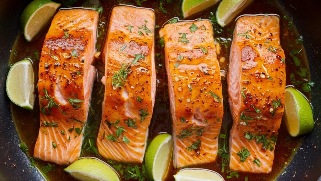 A beautifully plated garlic butter baked salmon fillet resting on a rustic wooden serving board. The salmon is golden and flaky, topped with melted garlic butter, fresh parsley, and a slice of lemon. Surrounding the salmon are roasted asparagus spears, a small bowl of creamy mashed potatoes, and a glass of white wine. The setting is cozy, with warm lighting highlighting the textures and vibrant colors of the dish.