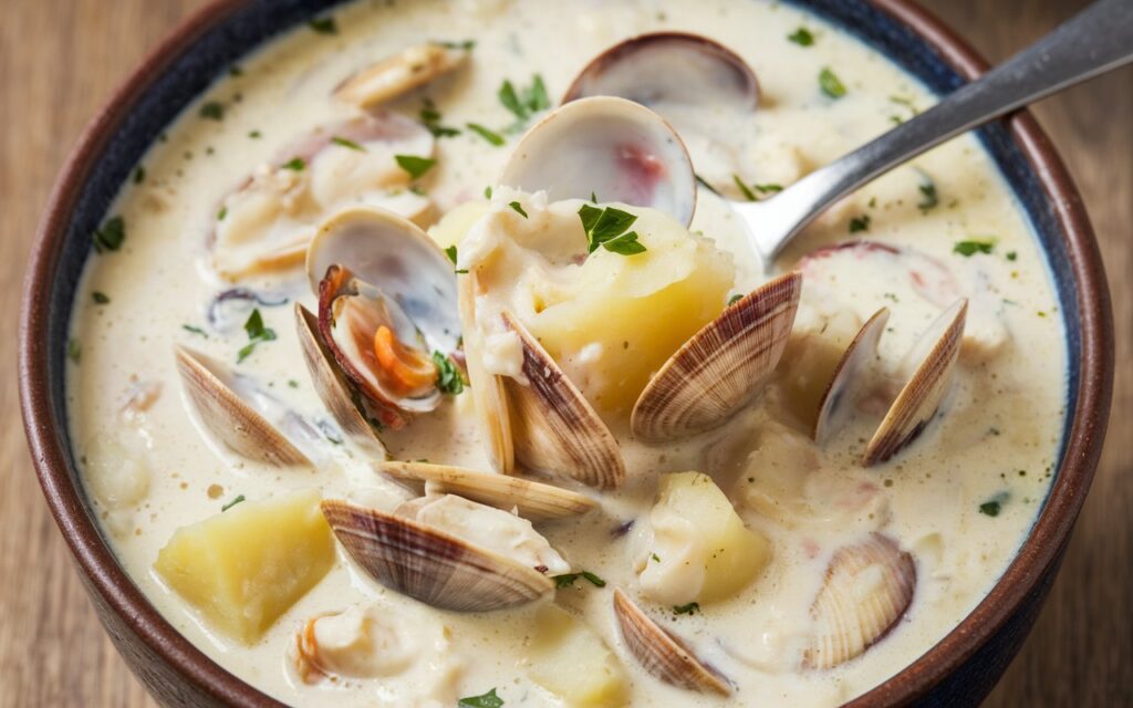 A bowl of creamy clam chowder soup, loaded with tender clams, diced potatoes, and celery in a rich, flavorful broth, topped with fresh parsley.