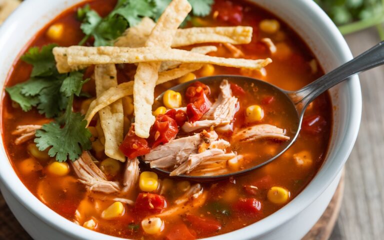 A hearty bowl of spicy chicken tortilla soup, loaded with shredded chicken, black beans, corn, and a zesty tomato broth, topped with crispy tortilla strips and fresh avocado slices