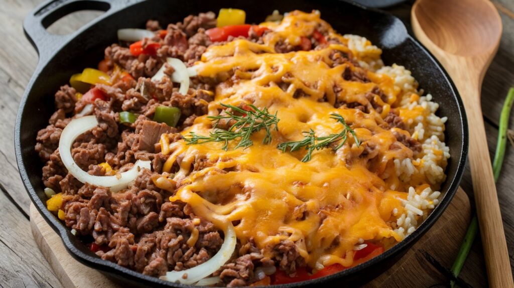 A sizzling cheesy beef and rice skillet, filled with juicy ground beef, seasoned rice, and a generous layer of melted cheese, perfect for a quick and delicious dinner.