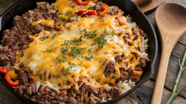 Close-up of a cheesy beef and rice skillet, showcasing the melted cheese on top, with perfectly cooked beef and rice blended together in a savory, flavorful dish.