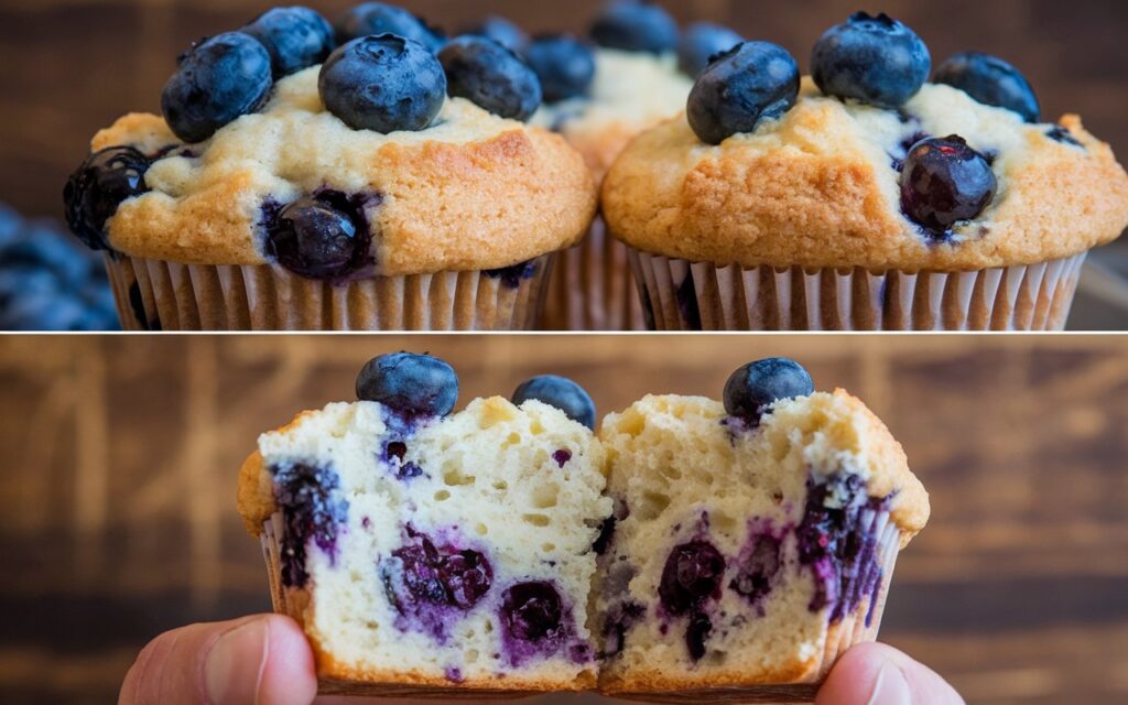 A batch of freshly baked blueberry muffins with golden-brown tops, bursting with juicy blueberries and placed on a wooden tray