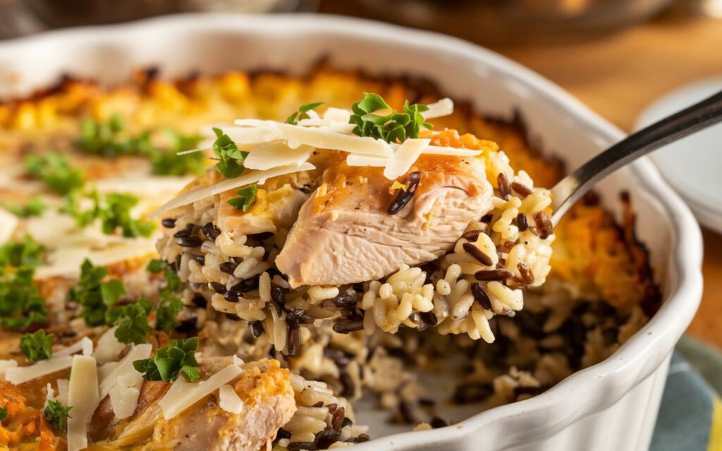 A cozy casserole of chicken and wild rice, bubbling with a creamy sauce and topped with a golden, crispy cheese crust, served in a rustic dish for a comforting meal