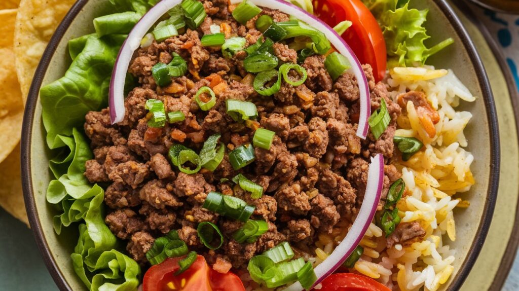 Close-up of a loaded taco bowl delight, showcasing layers of seasoned meat, colorful veggies, and melted cheese, all topped with a drizzle of salsa and guacamole