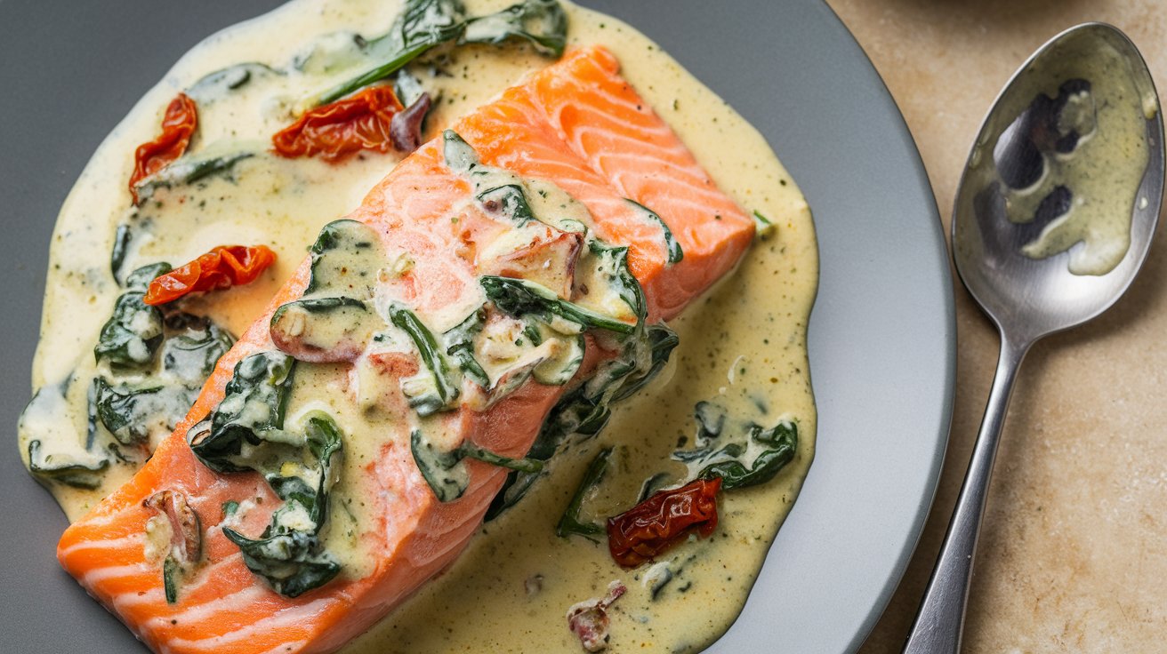 A plate of rich and creamy Tuscan salmon, featuring tender salmon fillets smothered in a luscious, creamy sauce with sun-dried tomatoes, spinach, and garlic