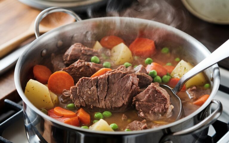 A hearty bowl of classic beef stew, filled with tender chunks of beef, carrots, potatoes, and peas in a rich, savory broth, garnished with fresh herbs