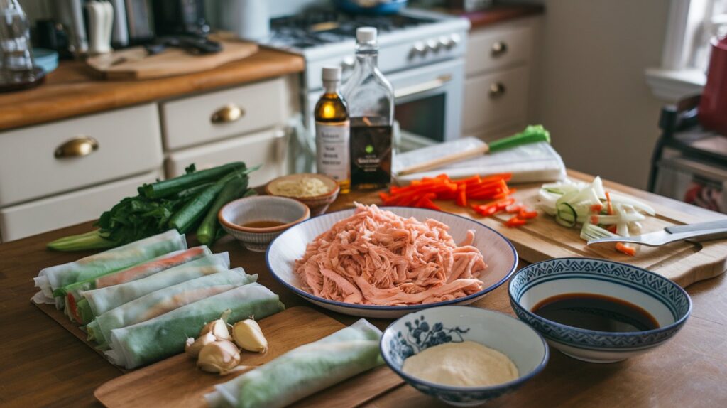 A plate of crispy chicken spring rolls, golden-brown on the outside and filled with seasoned chicken, fresh vegetables, and herbs, served with a dipping sauce