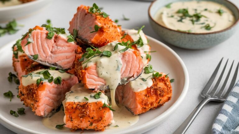 A plate of crispy air fryer salmon bites, perfectly cooked and served with a creamy garlic sauce on the side, adding richness to the tender, flaky salmon