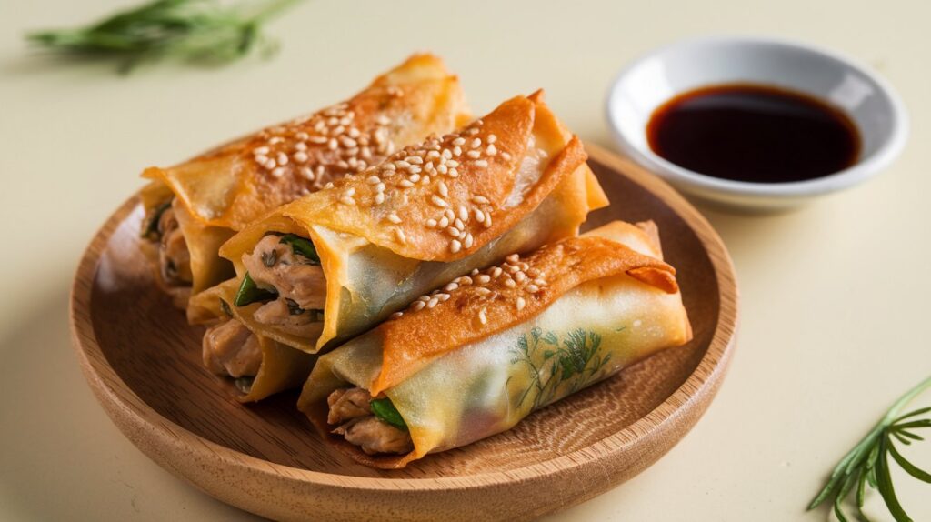 Close-up of chicken spring rolls, perfectly fried to a crunchy texture, with a flavorful filling of chicken and vegetables, accompanied by a tangy dipping sauce