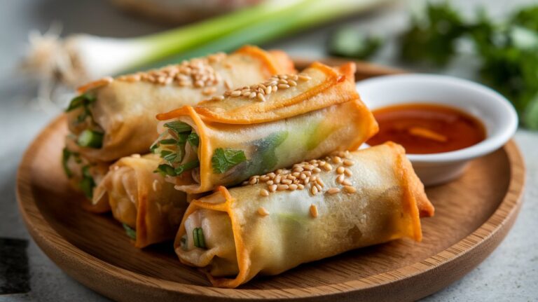 A plate of crispy chicken spring rolls, golden-brown on the outside and filled with seasoned chicken, fresh vegetables, and herbs, served with a dipping sauce