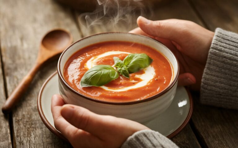 A bowl of creamy tomato basil soup, featuring a rich, velvety texture, and garnished with a sprinkle of fresh basil and a swirl of cream for added richness