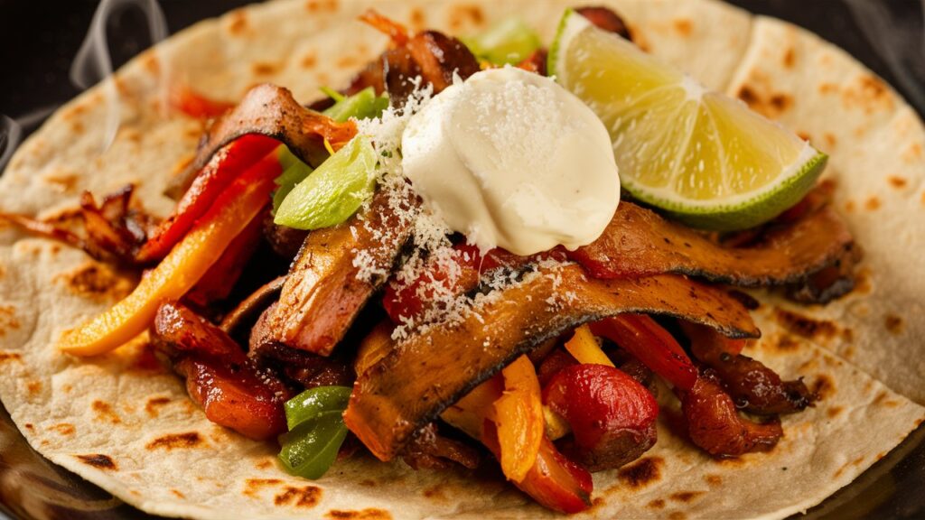 Close-up of easy sheet pan chicken fajitas, with tender chicken, sautéed bell peppers, and onions, all roasted to perfection and served with warm tortillas