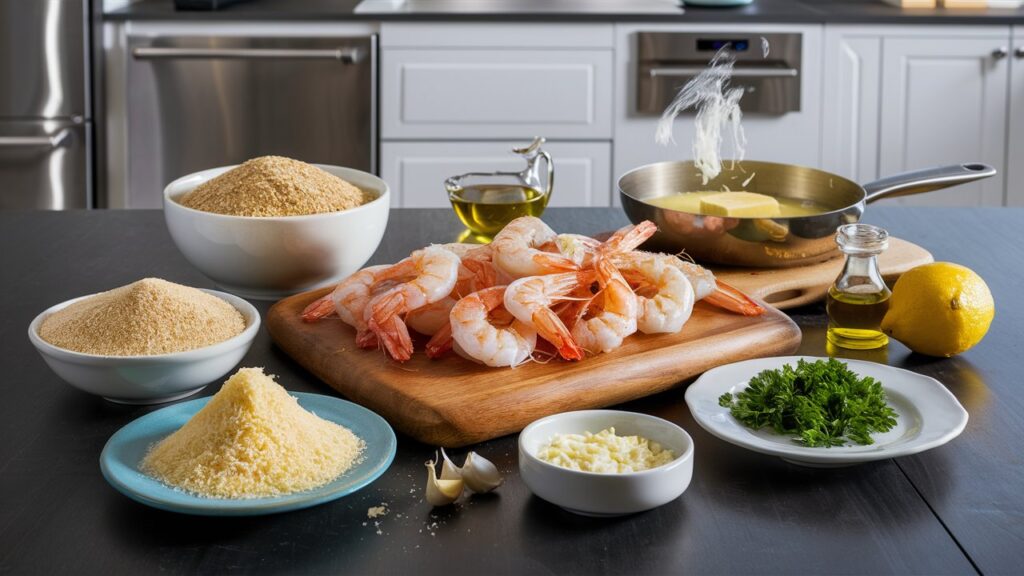 A plate of garlic Parmesan baked shrimp, golden and crispy with breadcrumbs and melted Parmesan cheese, creating a deliciously savory and indulgent seafood dish