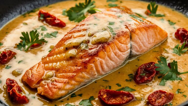 A beautifully plated 'Marry Me' salmon, featuring a tender fillet topped with a creamy Parmesan sauce infused with garlic and sun-dried tomatoes, making for an indulgent, flavorful dish."