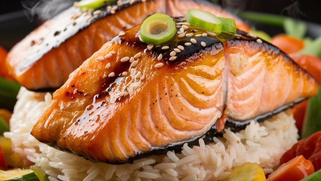 A healthy and delicious salmon rice bowl with tender salmon, nutrient-packed vegetables, and seasoned rice, served in a beautifully arranged presentation