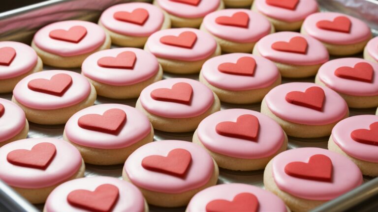 A tray of Valentine heart decoration sugar cookies, each cookie intricately decorated with pink, red, and white icing, featuring delicate patterns like swirls, polka dots, and romantic messages