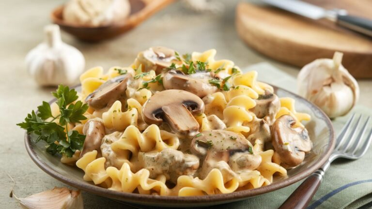 A bowl of garlic mushroom pasta penne, featuring tender penne pasta tossed in a rich garlic sauce, with sautéed mushrooms and a sprinkle of fresh herbs for extra flavor