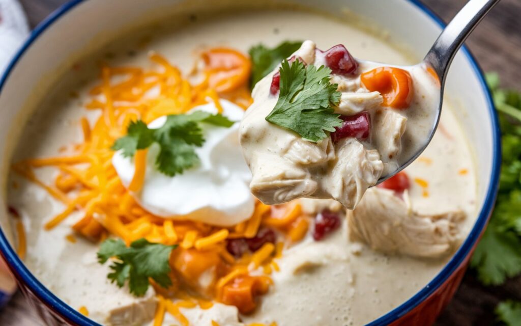 A bowl of creamy white chicken chili, filled with tender chunks of chicken, white beans, corn, and spices, topped with a dollop of sour cream and fresh cilantro