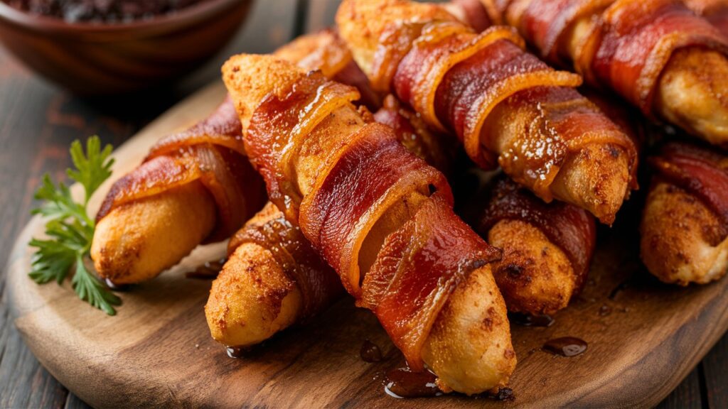 Close-up of bacon brown sugar chicken tenders, showcasing juicy chicken strips enveloped in crispy bacon and a shiny, sticky brown sugar glaze