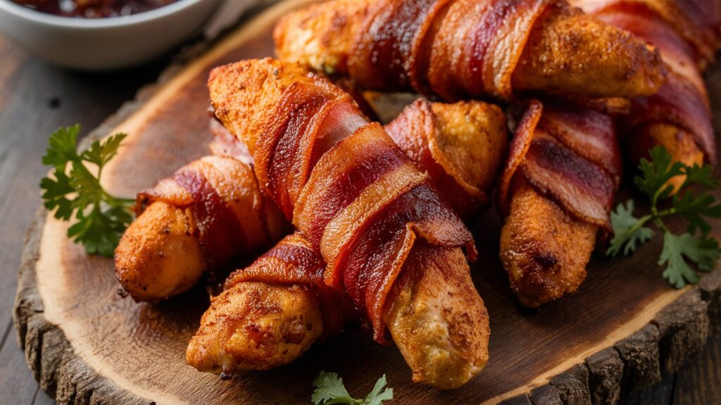 A plate of bacon brown sugar chicken tenders, glazed with a caramelized brown sugar coating and wrapped in crispy, golden bacon for a sweet and savory treat