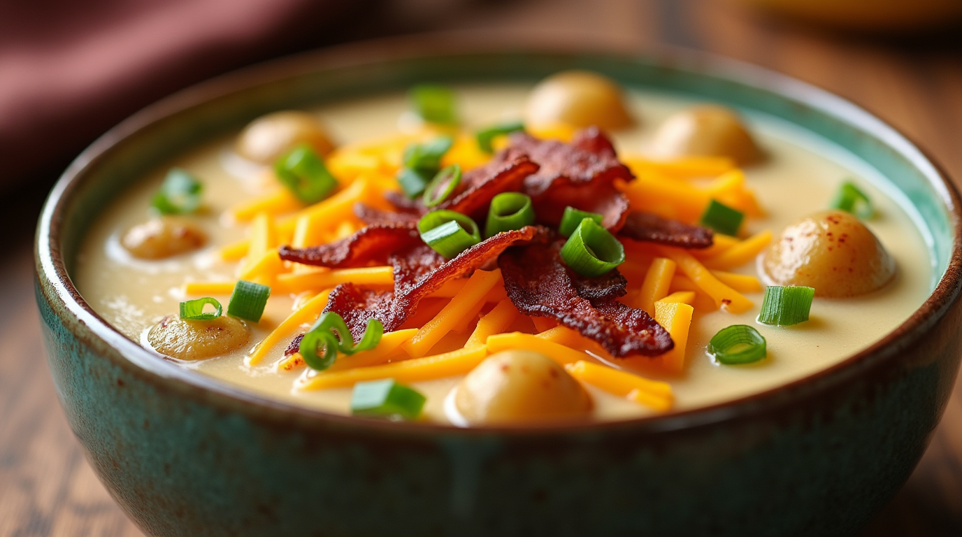 A warm bowl of creamy baked potato soup topped with shredded cheese, crispy bacon, and fresh green onions