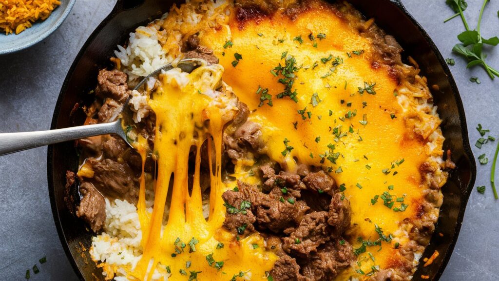 Close-up of a cheesy beef and rice skillet, showcasing golden melted cheese bubbling over savory beef and tender rice, perfect for a quick and delicious dinner.