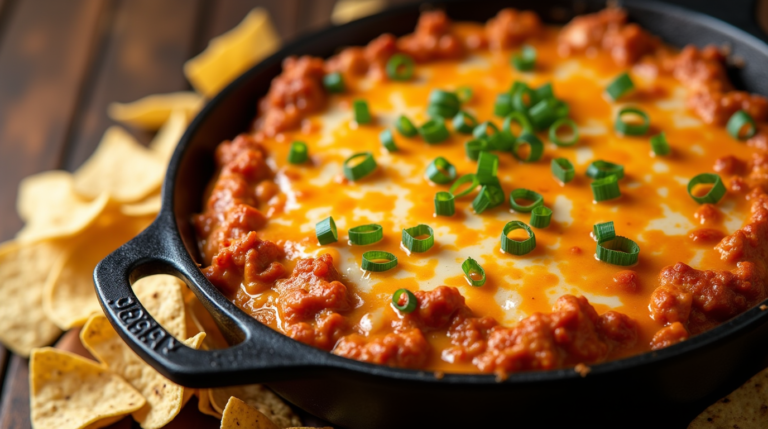 Cheesy buffalo chicken dip served in a cast iron skillet, garnished with green onions and surrounded by crunchy tortilla chips.