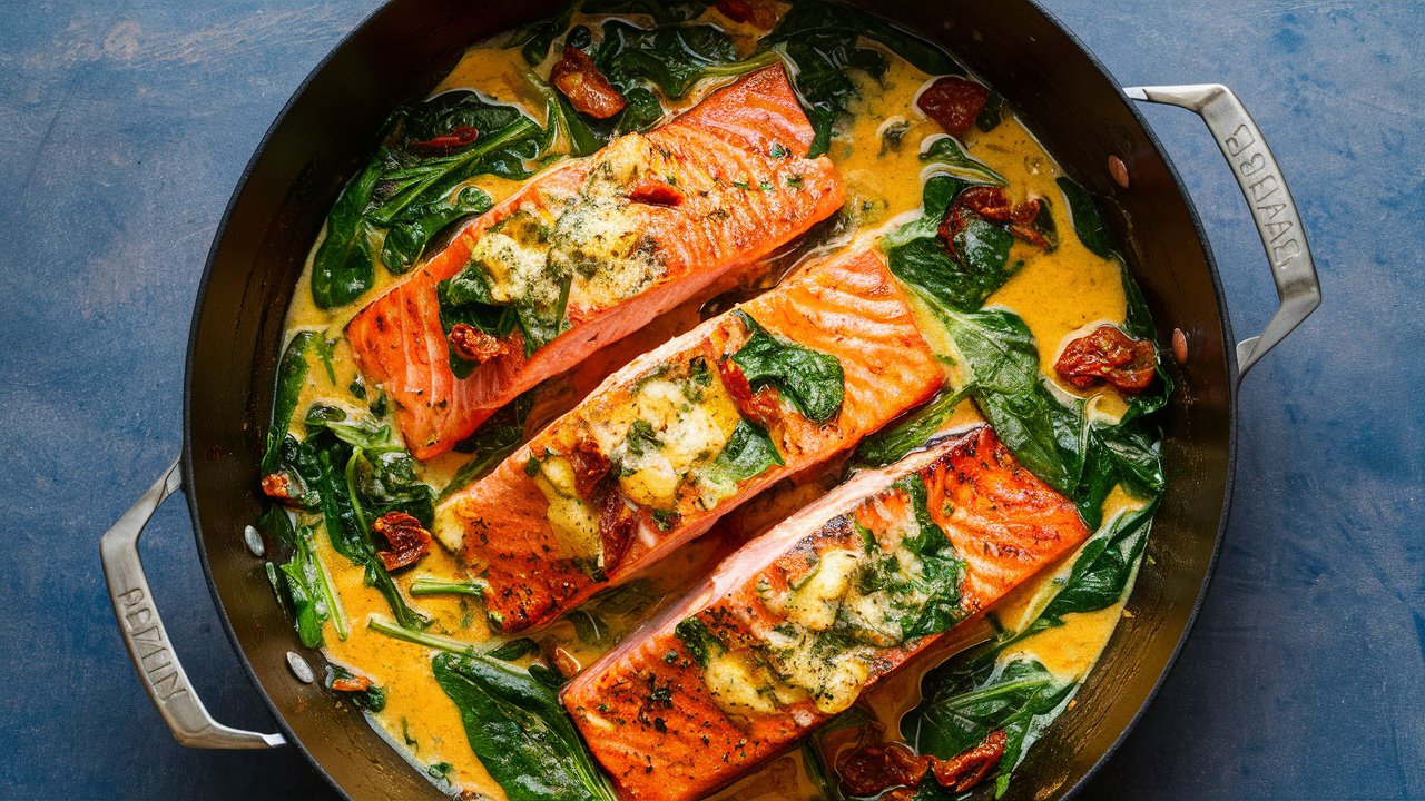 A beautifully plated creamy garlic butter Tuscan salmon, with rich, golden-brown seared salmon fillets in a decadent garlic butter sauce, topped with fresh spinach and sun-dried tomatoes