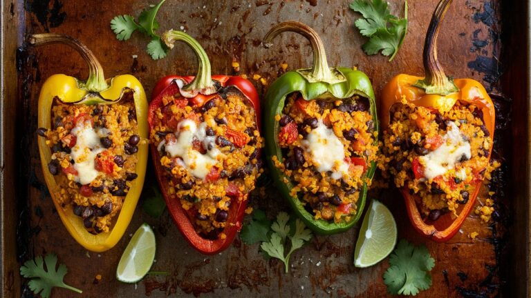 Flavor-Packed Vegetarian Stuffed Peppers filled with quinoa, beans, and topped with melted cheese.