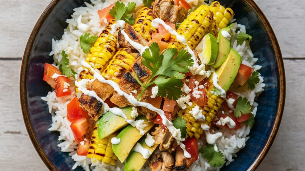 Flavorful Street Corn Chicken Rice Bowl with grilled chicken, smoky street corn, and creamy avocado