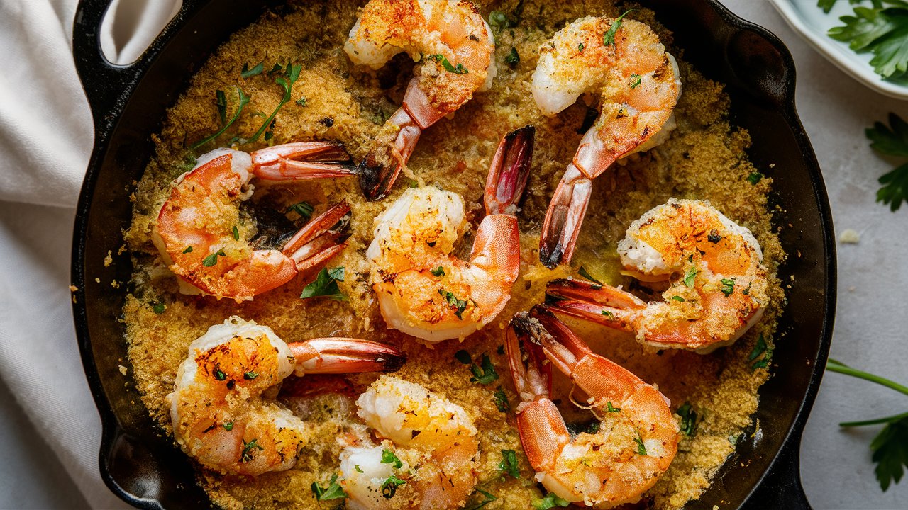 Close-up of garlic Parmesan baked shrimp, perfectly coated in a crunchy breadcrumb topping and melted Parmesan cheese, adding a rich, cheesy flavor to each bite