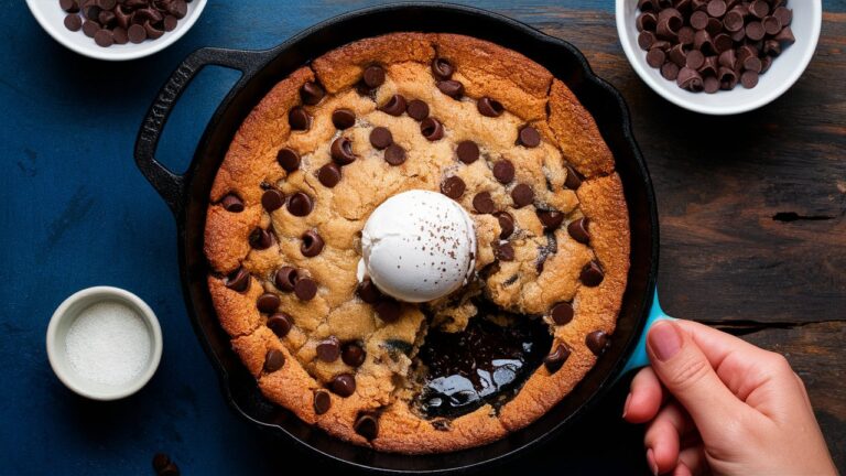 A warm, gooey chocolate cookie skillet, oozing with melted chocolate and served straight from the skillet with a scoop of vanilla ice cream melting on top