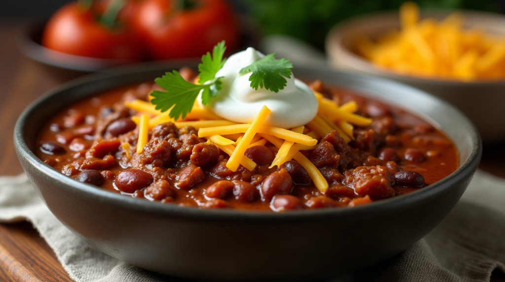 A close-up shot of a hearty bowl of game day chili featuring ground beef, beans, and a rich tomato base, garnished with fresh cilantro, cheese, and a side of cornbread.