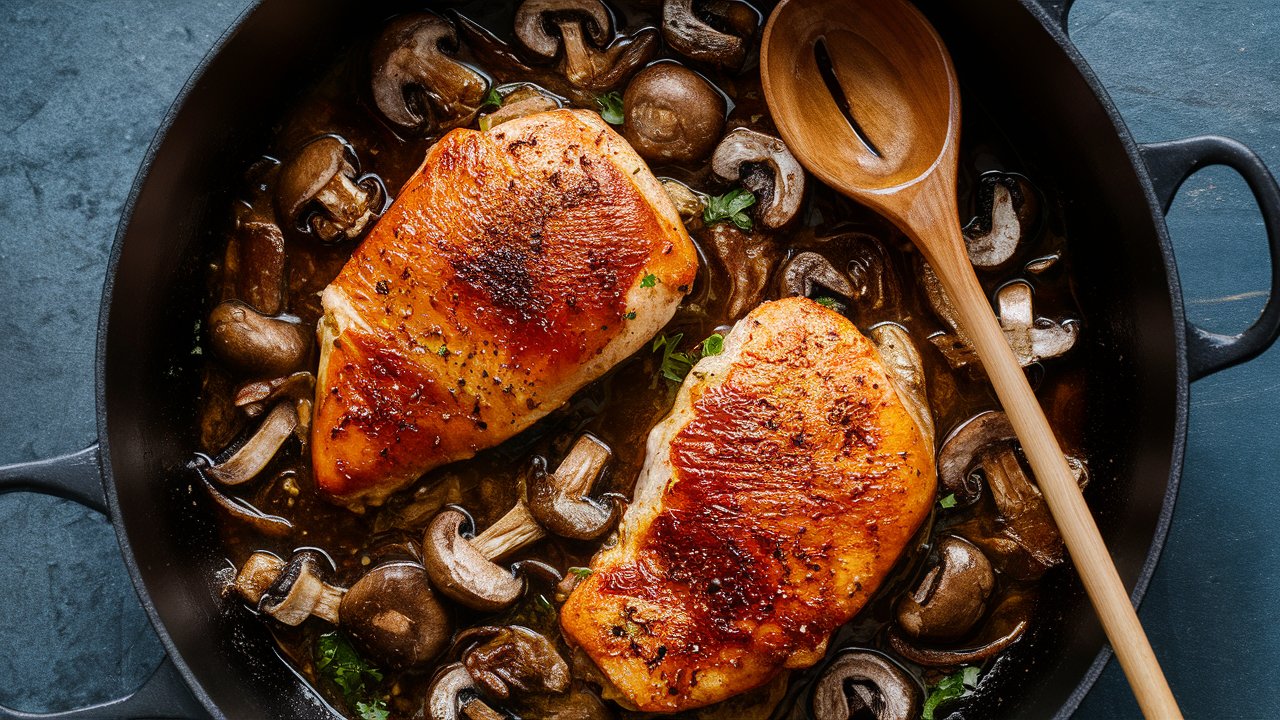 Black Pepper Chicken with Mushrooms served on a plate with fresh herbs.