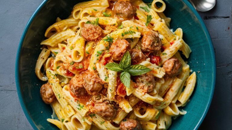 A bowl of creamy Tuscan sausage pasta served in a white ceramic dish, showcasing tender pasta coated in a rich, creamy sauce with crumbled sausage, sun-dried tomatoes, and fresh spinach, garnished with grated Parmesan cheese and cracked black peppe