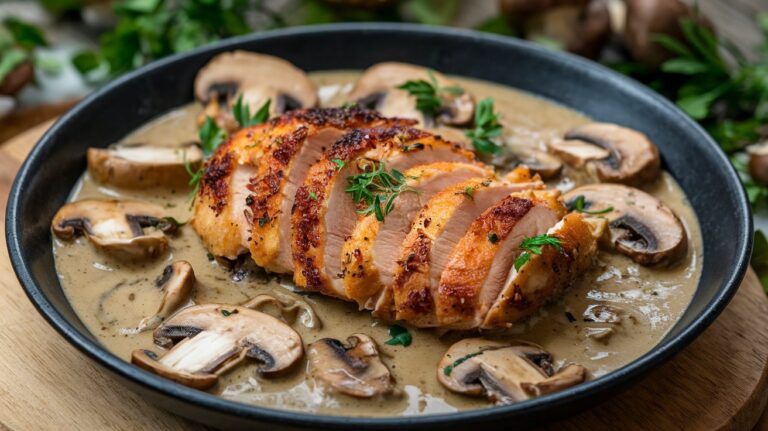 A comforting creamy chicken marsala dish, featuring succulent chicken breasts bathed in a creamy marsala wine sauce, topped with sautéed mushrooms for an indulgent meal.