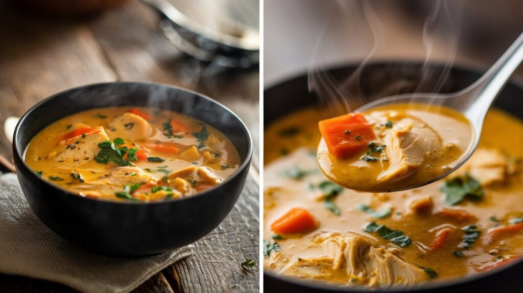 A steaming bowl of curry chicken soup, filled with tender pieces of chicken, vegetables, and fragrant spices in a rich and creamy curry broth