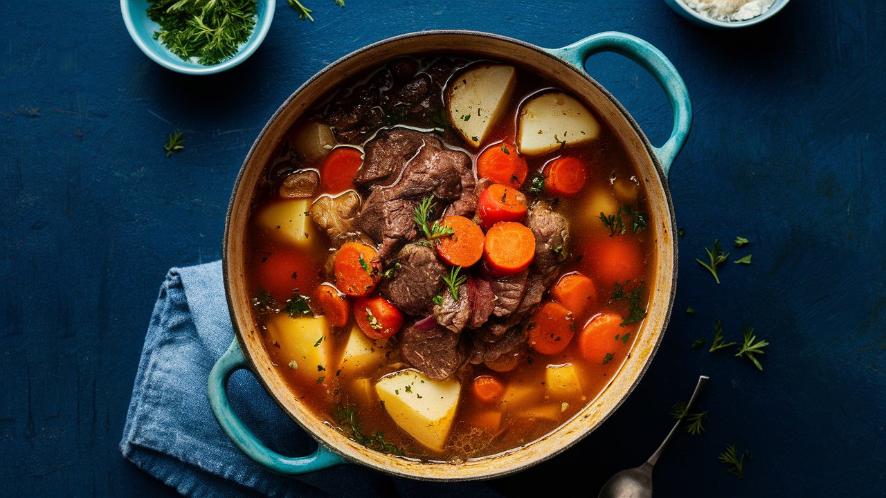 A comforting bowl of hearty beef and vegetable stew, with tender chunks of beef, carrots, potatoes, and peas, all simmered together in a rich, savory broth