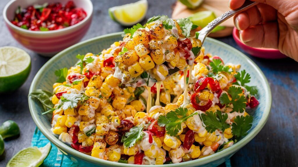 Close-up of Mexican street corn salad, showcasing juicy corn, tangy mayo dressing, crumbled cotija cheese, and a sprinkle of chili powder for a flavorful, zesty bite