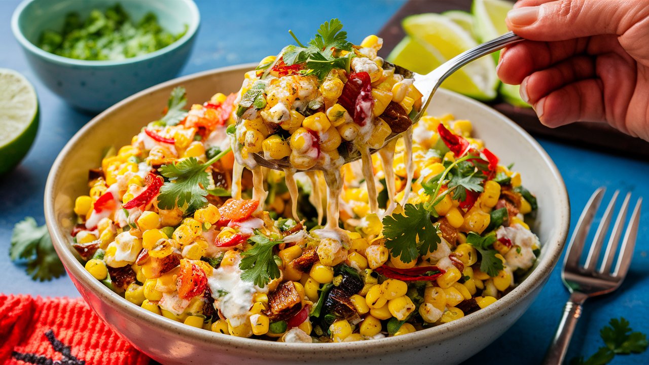 A vibrant bowl of Mexican street corn salad, with sweet corn kernels, creamy dressing, cotija cheese, cilantro, and a hint of chili powder, perfect for a refreshing side dish