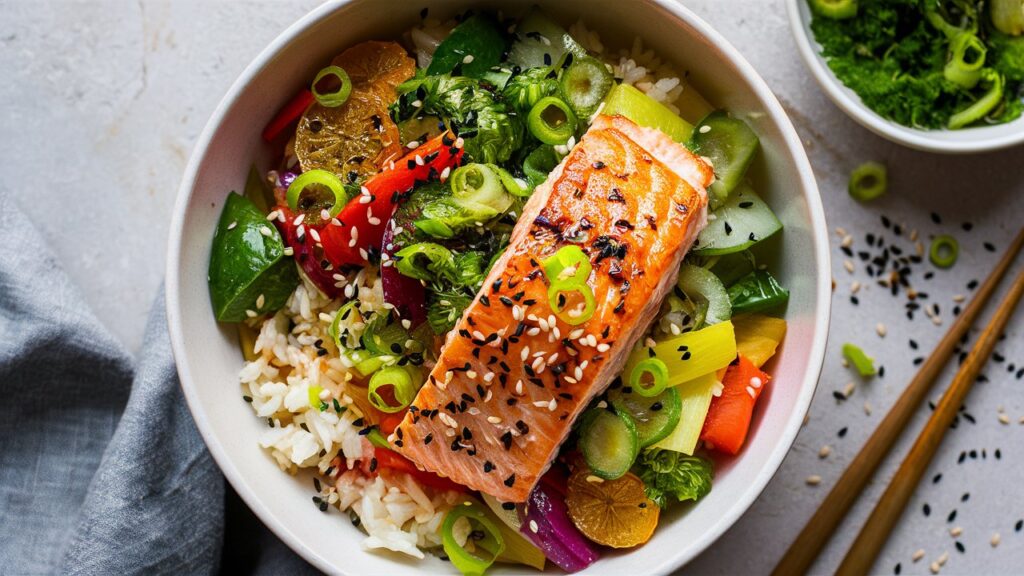 Salmon rice bowl packed with flavors, including grilled salmon, steamed rice, and an assortment of vibrant vegetables, creating a balanced and satisfying meal