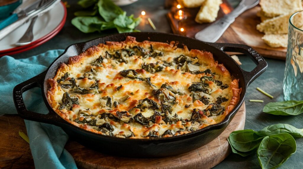 A close-up of creamy, baked spinach and artichoke dip in a white serving dish, topped with melted mozzarella cheese and served with toasted baguette slices.