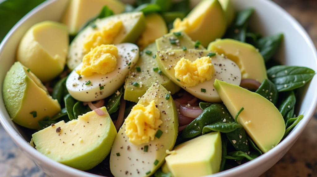 When you’re craving a meal that’s both nourishing and satisfying, Avocado and Spinach Egg Salad hits the mark. This vibrant and nutrient-packed dish brings together creamy avocado, leafy spinach, and protein-rich eggs, making it the perfect choice for a light lunch, picnic, or a quick snack. In this article, we’ll dive into why this salad is not only a flavor-packed treat but also a powerhouse of health benefits. Whether you’re looking for a meal to kick-start your day or a fresh option for meal prep, this avocado and spinach egg salad is the ultimate go-to dish.Why Avocado and Spinach Egg Salad is the Ultimate Healthy Meal
If you’re looking for a salad that doesn’t skimp on nutrients or taste, this one’s for you. Avocado and Spinach Egg Salad combines three ingredients known for their health benefits, ensuring every bite is packed with essential nutrients.Health Benefits of Key Ingredients
Avocado: Known for its rich content of healthy fats, particularly monounsaturated fat, which supports heart health. It’s also loaded with fiber, keeping you feeling full longer, and packed with essential vitamins like K, E, and C.Spinach: This leafy green is a powerhouse of iron, vitamin A, and vitamin C. It helps boost your immune system, improve skin health, and promote good digestion.Eggs: Not only are eggs a great source of high-quality protein, but they’re also loaded with vitamins, minerals, and antioxidants that support eye health, skin repair, and muscle recovery.When combined, these ingredients work in harmony to provide a meal that’s both filling and good for your body. With its high fiber and healthy fats, this salad promotes satiety, making it an ideal choice for those looking to maintain or lose weight.Key Ingredients for Avocado and Spinach Egg Salad
To make this vibrant and healthy salad, you’ll need just a few simple ingredients. Let’s break it down:Fresh Ingredients You’ll Need
Ingredient	Quantity	Benefits
Avocado	1 ripe, sliced	Rich in healthy fats
Spinach	2 cups (fresh)	High in iron and fiber
Eggs	3-4 hard boiled	Packed with protein
Cherry Tomatoes	1 cup halved	Rich in antioxidants
Red Onion	1 small, diced	Adds a mild crunch
Olive Oil	1 tbsp	Healthy fat for dressing
Lemon Juice	1 tbsp	Adds tangy flavor
Salt & Pepper	To taste	Basic seasoning
Optional Add-ins for Extra Flavor
To elevate the taste of your salad, feel free to get creative with these optional additions:Cucumbers: Adds a refreshing crunch.
Feta Cheese: For a tangy, creamy touch.
Sunflower Seeds: Adds an extra crunch and a nutty flavor.
Fresh Herbs: A sprinkle of cilantro, parsley, or basil enhances the freshness of the salad.
How to Make the Perfect Avocado and Spinach Egg Salad
Making this salad is straightforward, and in just a few simple steps, you’ll have a delicious and nutritious meal ready to enjoy. Here’s how you can prepare the perfect Avocado and Spinach Egg Salad:Step-by-Step Recipe
Boil the Eggs: Start by placing your eggs in a pot filled with water. Bring it to a boil over medium-high heat, then reduce the heat and let the eggs simmer for about 10 minutes. Once done, remove the eggs and let them cool before peeling.Prepare the Vegetables: While the eggs are cooking, wash and chop your spinach. Slice the avocado into thin pieces and cut your cherry tomatoes in half. Dice the red onion for a mild crunch.Assemble the Salad: In a large salad bowl, combine the spinach, avocado, tomatoes, and red onion.Make the Dressing: In a small bowl, whisk together olive oil, lemon juice, salt, and pepper. You can adjust the seasoning to your taste preferences.Combine Everything: Add the hard-boiled eggs to the salad and pour the dressing over the top. Toss everything gently until well-coated.Serve and Enjoy: You can serve the salad chilled or at room temperature, depending on your preference.Quick Tip
If you’re planning to meal prep, it’s best to keep the avocado separate until you’re ready to serve the salad. This prevents the avocado from browning and keeps the dish fresh.Avocado and Spinach Egg Salad Variations
While the classic version of this salad is delicious, there are many ways to mix it up depending on your dietary preferences or what you have available in your kitchen. Here are some creative variations:Vegan Version
If you’re following a plant-based diet, you can replace the eggs with chickpeas or tofu. Both options provide protein while keeping the dish vegan-friendly. Simply mash the chickpeas or crumble the tofu and mix them into the salad.Mediterranean Twist
For a Mediterranean-inspired flavor, consider adding Kalamata olives, cucumber, and a drizzle of tahini. The combination of creamy avocado and tangy olives adds a new depth of flavor.Add Protein
If you want to make this salad a more substantial meal, add grilled chicken, shrimp, or even roasted chickpeas. These additions boost the protein content, turning the salad into a full meal.Tips for Perfecting Your Avocado and Spinach Egg Salad
To ensure your salad turns out perfectly every time, here are a few helpful tips:Perfect Avocado
Choosing the right avocado is crucial. Look for avocados that are ripe but not overly soft. Gently press on the skin, and it should yield slightly, indicating it’s ready to eat.Egg Tips
For perfectly boiled eggs, make sure to time them carefully. An overcooked egg can result in a dry, crumbly texture, so be sure to simmer for just 10 minutes. After boiling, let them cool in cold water for easy peeling.Seasoning Tips
Taste as you go—season gradually. Start with a small amount of salt and pepper, and add more if needed. The lemon juice adds a tangy touch, so be careful not to overdo it.Where to Serve Avocado and Spinach Egg Salad
Avocado and Spinach Egg Salad is versatile and can be served in many settings:As a Quick Lunch
This salad is perfect for a quick lunch when you need something light but filling. It’s easy to prepare, and you’ll feel satisfied without feeling sluggish afterward.Picnic or BBQ Side Dish
Its fresh flavors make it a great side dish for any outdoor meal, whether it’s a picnic in the park or a BBQ with friends.Meal Prep
If you’re someone who likes to meal prep for the week, this salad can easily be stored in an airtight container in the fridge. Just remember to add the avocado just before serving to prevent it from turning brown.FAQs About Avocado and Spinach Egg Salad
What is the best way to store avocado and spinach egg salad?
To keep your salad fresh, store it in an airtight container. Keep the avocado separate until serving time to avoid browning.Can I make this salad in advance?
Yes, you can prepare most of the salad ahead of time, but for the best results, add the avocado right before serving.How can I make the salad spicier?
Add a pinch of chili flakes, fresh jalapeños, or a dash of hot sauce for an extra kick.Is this salad good for weight loss?
Yes, the combination of fiber-rich spinach, healthy fats from avocado, and protein-packed eggs makes this salad a great option for weight management. It’s satisfying and nutrient-dense, so it keeps you full longer.Conclusion
Avocado and Spinach Egg Salad is more than just a dish—it’s a healthy, flavorful meal that nourishes your body and tastes amazing. Whether you’re looking to add more greens to your diet or need a quick meal that doesn’t sacrifice taste for nutrition, this salad is a fantastic choice. So, why not give it a try today? Your taste buds—and your body—will thank you.