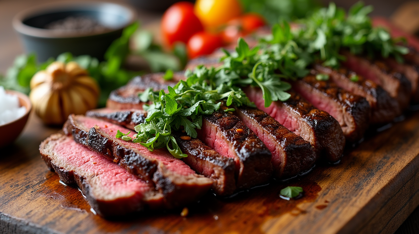 A mouthwatering display of Argentinian and USA steak perfection for dinner, showcasing tender, perfectly seared cuts of beef served alongside vibrant garnishes. The juicy, flavorful steaks are cooked to perfection, emphasizing the contrast between Argentinian grilling techniques and American steak traditions