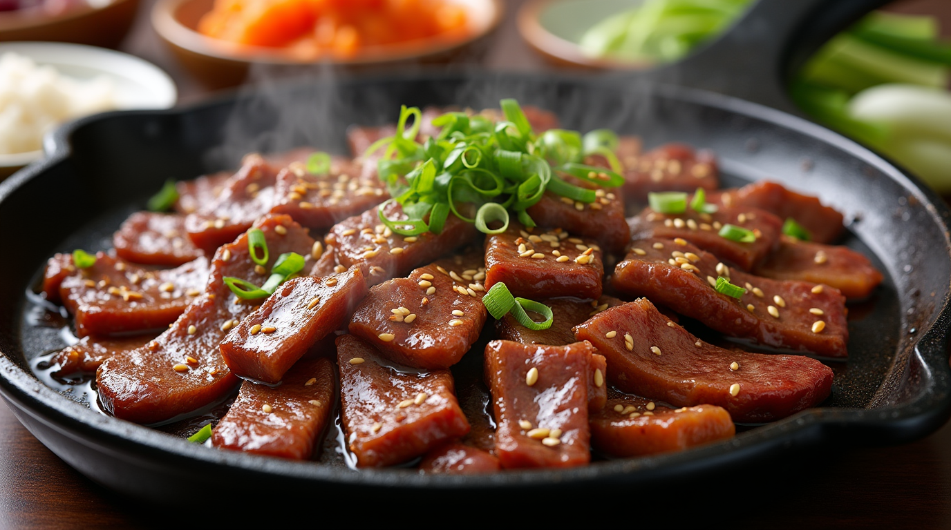 A delicious plate of Authentic Korean Bulgogi, showcasing thinly sliced beef marinated in a sweet and savory sauce made with soy sauce, garlic, sesame oil, and a touch of sugar. The beef is grilled to perfection, with a slight char that enhances its rich, umami flavor. The dish is garnished with vibrant green onions and sesame seeds, giving it a fresh and flavorful finish. Served with steamed rice and pickled vegetables, this Korean classic is the perfect combination of tender, flavorful meat and aromatic spices that will leave you craving more