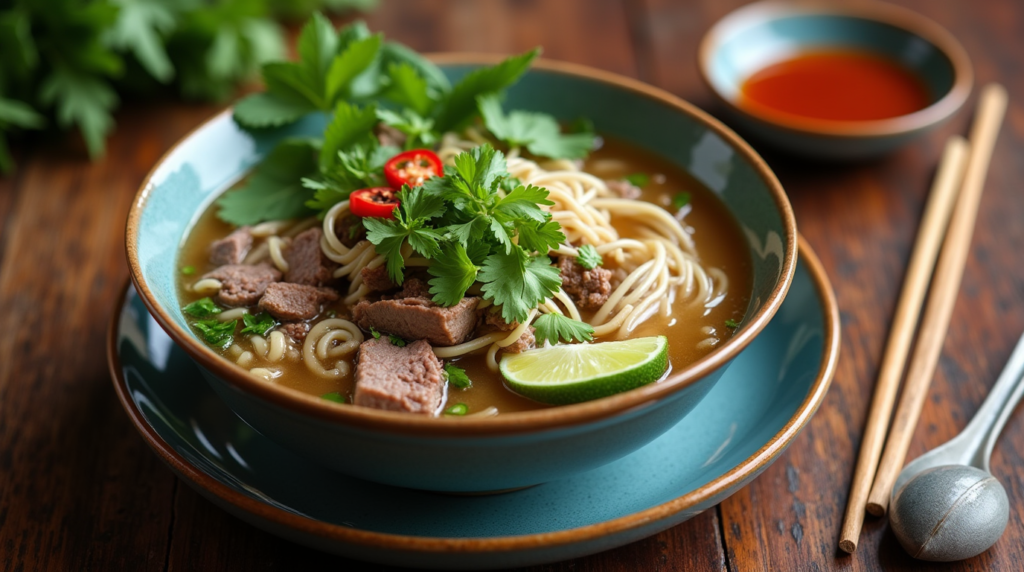 "A heartwarming scene of an authentic Vietnamese Pho Galentine’s dinner party, showcasing bowls of fragrant pho with tender beef and fresh herbs, surrounded by playful Galentine's-themed décor and celebratory treats. The atmosphere is filled with laughter and the delicious aroma of this traditional Vietnamese dish, creating a perfect dinner gathering for friends."