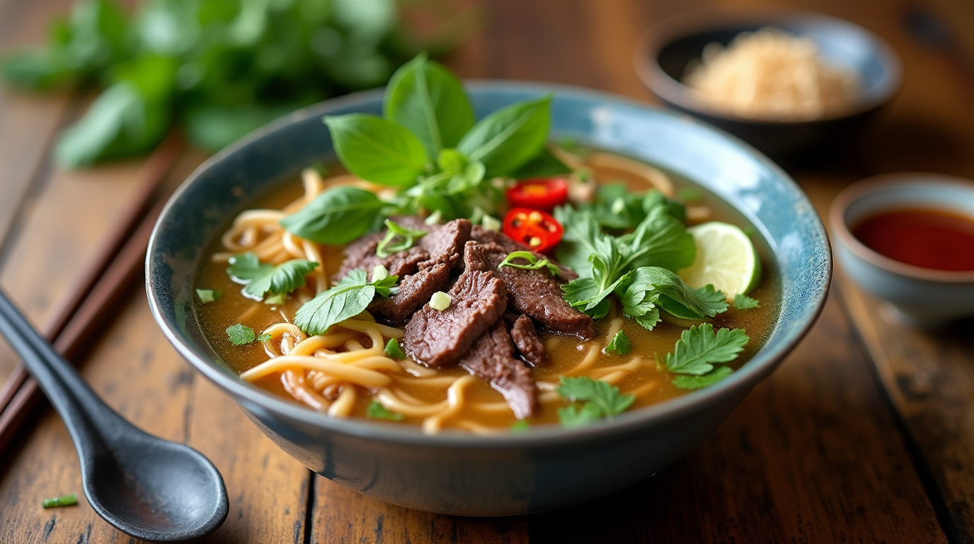 "A cozy and vibrant setting for an authentic Vietnamese Pho Galentine's dinner party, featuring steaming bowls of aromatic pho with fresh herbs, lime, and bean sprouts. The table is beautifully arranged with delicate appetizers, sparkling glasses of wine, and joyful decorations, perfect for a fun and flavorful Galentine’s celebration."