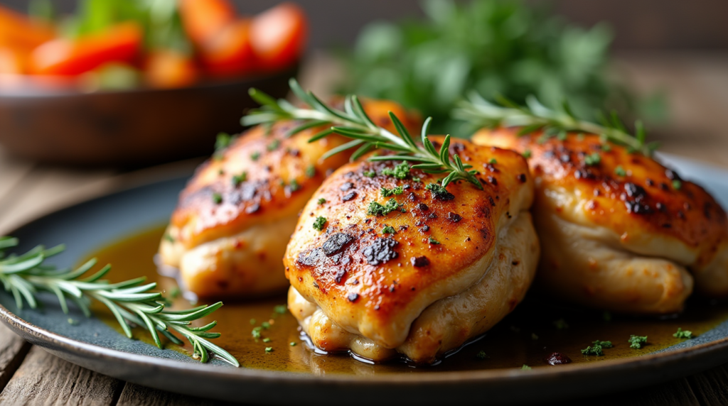 "An elegant presentation of baked chicken with herbs, its skin beautifully crisped and seasoned to perfection with aromatic herbs. The tender chicken is paired with a medley of roasted root vegetables, creating a savory and satisfying meal that highlights the simple yet delicious flavors of the herbs."